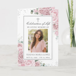 Rosa blommig fotokristen begravning minneshögtid program