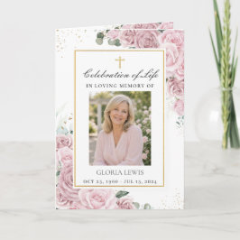 Rosa blommig fotokristen begravningsminneshögtid program