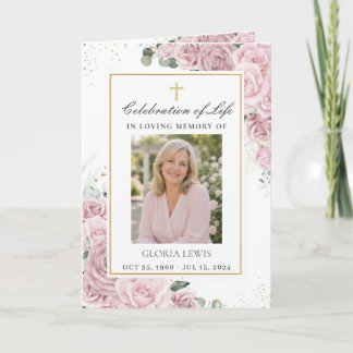 Rosa blommig fotokristen begravningsminneshögtid program