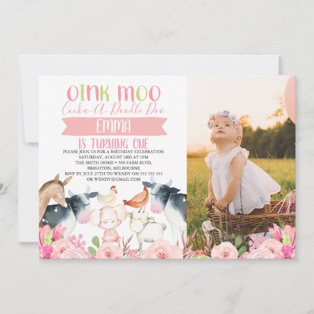 Rosa Blommig Gård Foto Födelsedagsinbjudan Inbjudningar (Framsida)