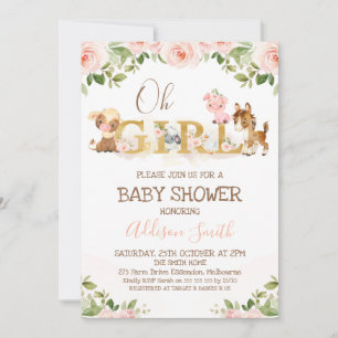 Rosa blommig gård-tema baby shower för flickor inbjudningar