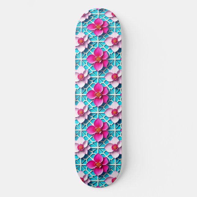 🌸 Rosa Blommig Geo Blå Modern Konst Skate Stil 🌸 Mini Skateboard Bräda 18,5 Cm (Framsida)