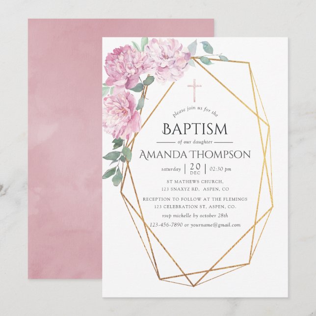 Rosa blommig geometrisk dop eller kristning inbjudningar (Fram/baksida)