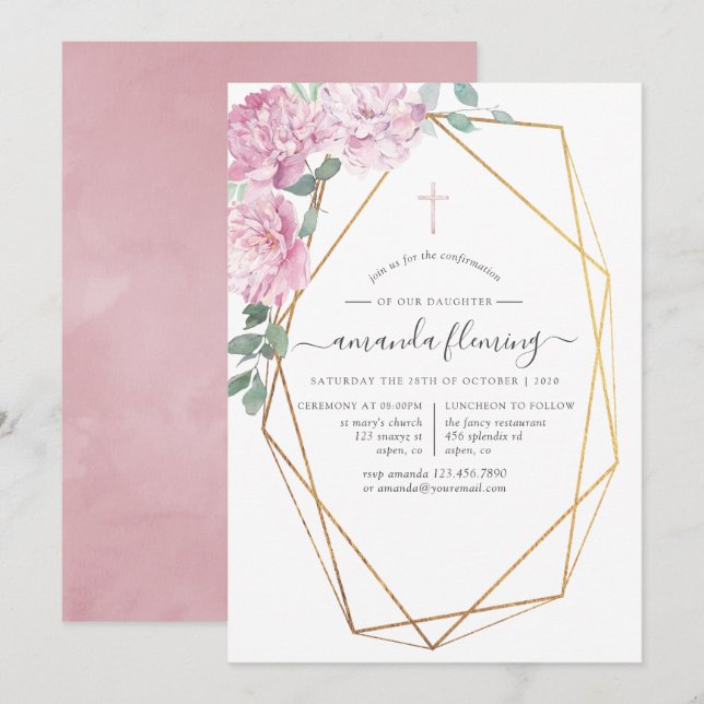 Rosa blommig geometrisk konfirmation inbjudningar (Fram/baksida)