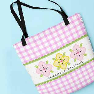 Rosa blommig gingham-monogram tygkasse