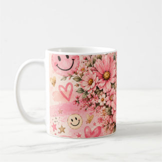 Rosa blommig glad smiley ansikte Retro-estetisk ka Kaffemugg