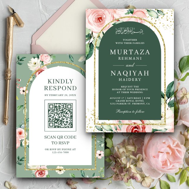 Rosa Blommig Grön Båge QR-kod Muslimsk Bröllop Inbjudningar (Skapare uppladdad)
