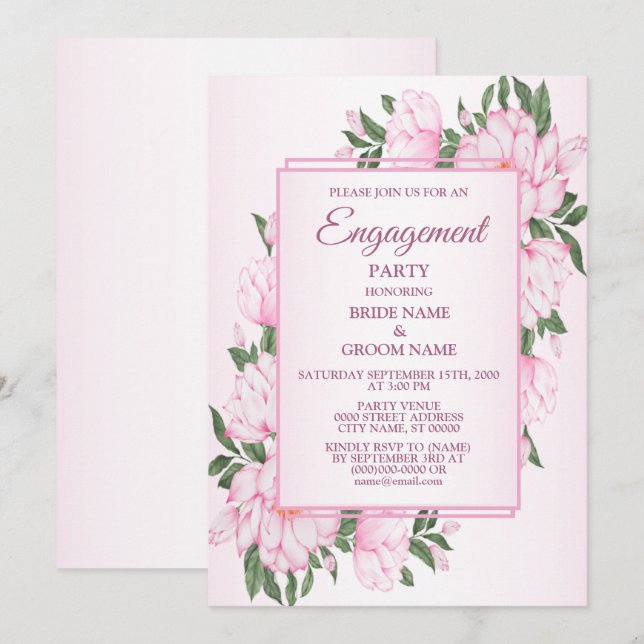 Rosa blommig gröna blad Elegant förlovningsfest Inbjudningar (Fram/baksida)