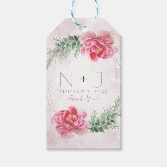 Rosa Blommig Grönska Akvarell Bröllop Presentetikett (Framsidan)