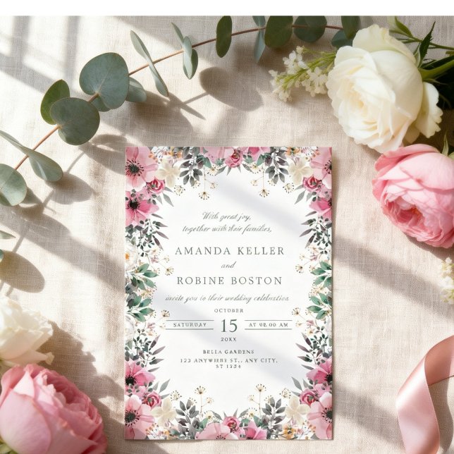 Rosa Blommig Grönska Bröllop Inbjudningar (Skapare uppladdad)