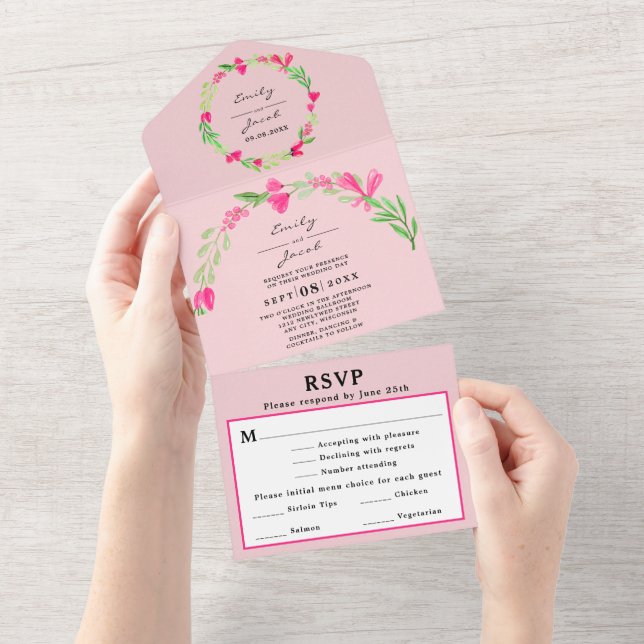 Rosa Blommig Grönska Ljus Rosa Chic Bröllop RSVP (Avrivbar del)