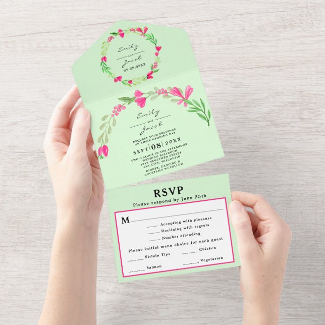 Rosa Blommig Grönska Ljusgrön Chic Bröllop RSVP (Avrivbar del)