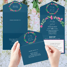 Rosa Blommig Grönska Ocean Blå Chic Bröllop RSVP