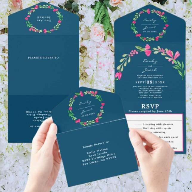 Rosa Blommig Grönska Ocean Blå Chic Bröllop RSVP (Skapare uppladdad)