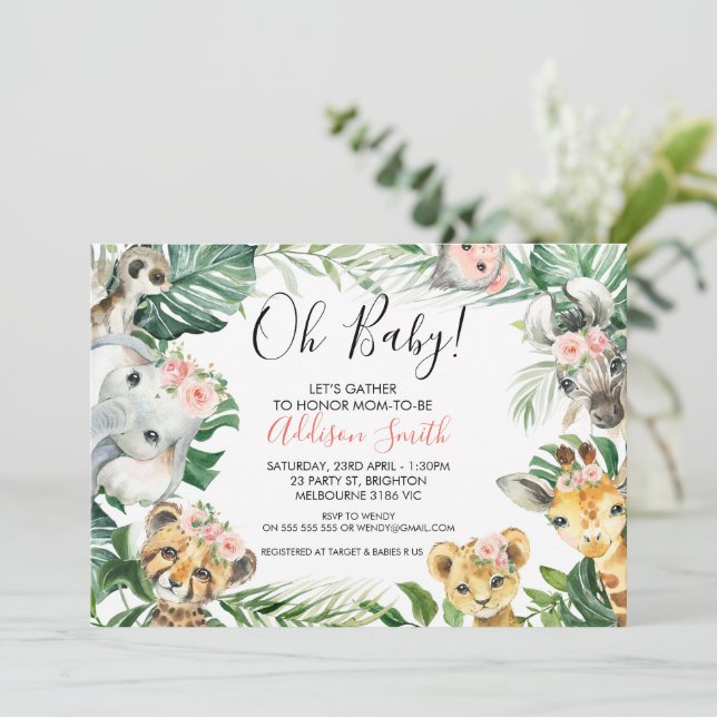 Rosa Blommig Grönska Safari Djur Baby Shower Inbjudningar (Stående Fram)