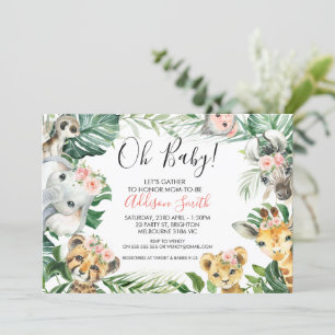 Rosa Blommig Grönska Safari Djur Baby Shower Inbjudningar
