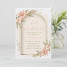Rosa Blommig Guld Båge Eid Mubarak Inbjudan