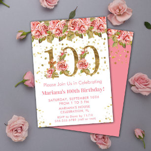 Rosa Blommig Guld Glitter 100-årsfest Inbjudningar