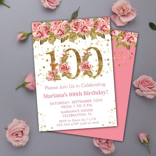 Rosa Blommig Guld Glitter 100-årsfest Inbjudningar (Skapare uppladdad)