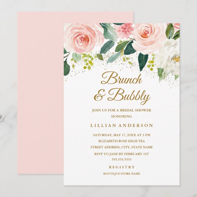 Rosa Blommig Guld Glitter Brunch Och Bubbly Inbjudningar (Fram/baksida)