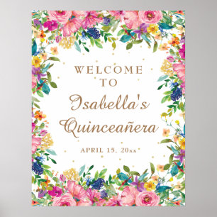Rosa Blommig Guld Glitter Quinceañera Välkommen Poster