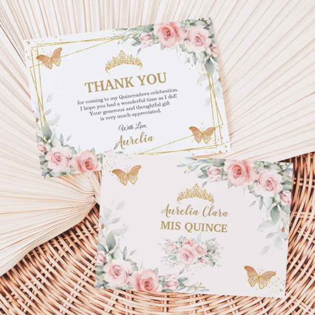 Rosa Blommig Guld Kron Quinceañera Fjäril Tack Kort (blush-pink-floral-butterflies-quinceanera-sweet-16-birthday-thank-you-cards-digital-files)