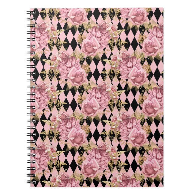 Rosa Blommig Guld Notebook Anteckningsbok (Framsidan)