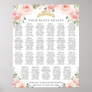 Rosa Blommig Guld Quinceanera Bordskarta Poster