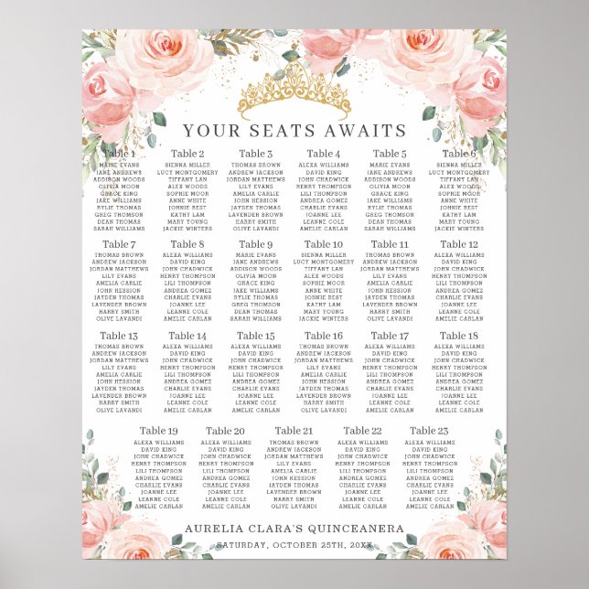 Rosa Blommig Guld Quinceanera Bordskarta Poster (Framsidan)