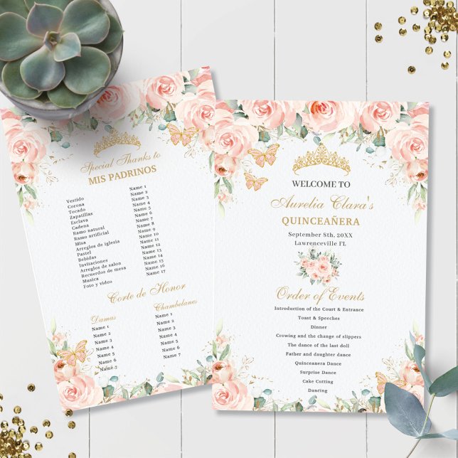 Rosa Blommig Guld Quinceañera Padrinos-festlighete (Skapare uppladdad)