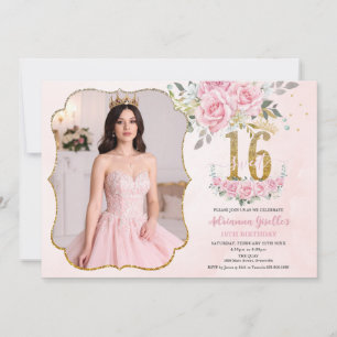 Rosa Blommig Guld Sweet Sixteen 16-års födelsedags Inbjudningar