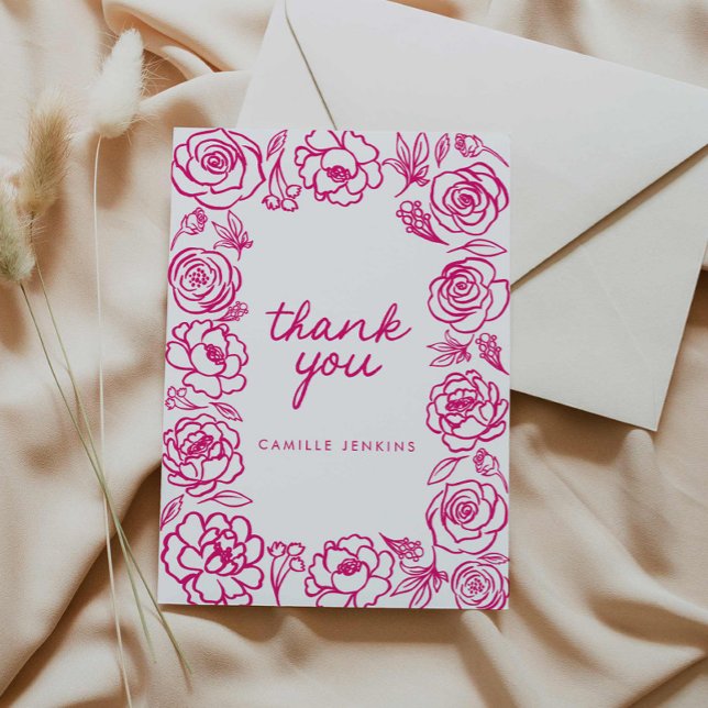 Rosa blommig handritad fantasifull Tack Kort (Pink Floral Elegant Thank you card)