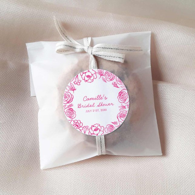Rosa blommig handritad runt klistermärke (Pink Floral Hand Drawn Bridal shower stickers)