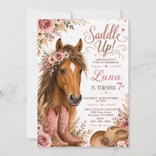 Rosa Blommig Häst Cowgirl Födelsedag Inbjudningar