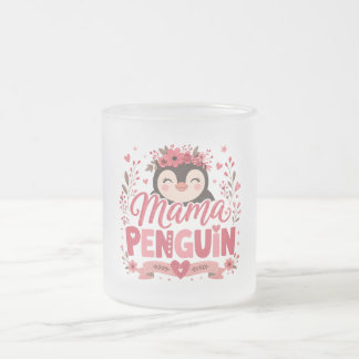 Rosa blommig illustration av pingvinsmamma och mod frostad glasmugg