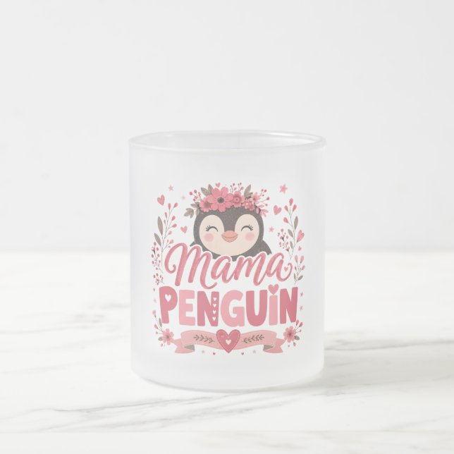 Rosa blommig illustration av pingvinsmamma och mod frostad glasmugg (Center)