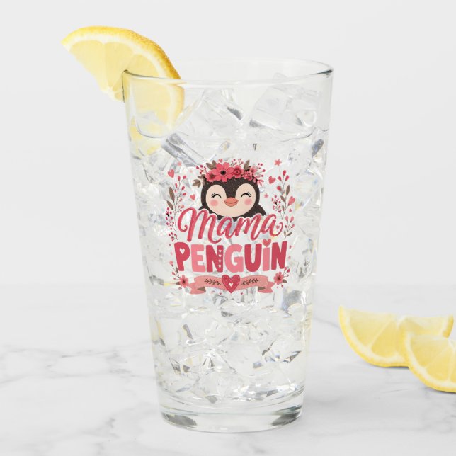 Rosa blommig illustration av pingvinsmamma och mod glaskopp (Framsida Ice)