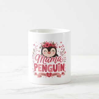 Rosa blommig illustration av pingvinsmamma och mod kaffemugg