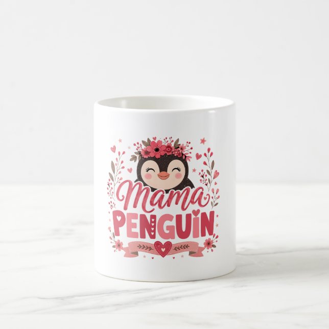 Rosa blommig illustration av pingvinsmamma och mod kaffemugg (Center)