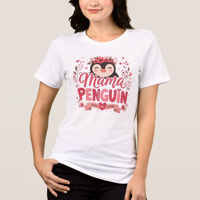 Rosa blommig illustration av pingvinsmamma och mod t shirt (Framsida)