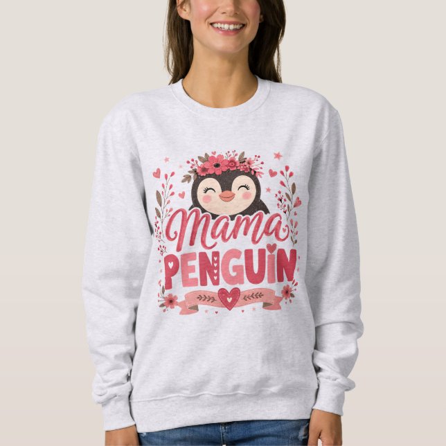 Rosa blommig illustration av pingvinsmamma och mod t shirt (Framsida)