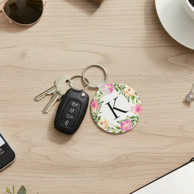 Rosa Blommig Initial Nyckelring (Skapare uppladdad)