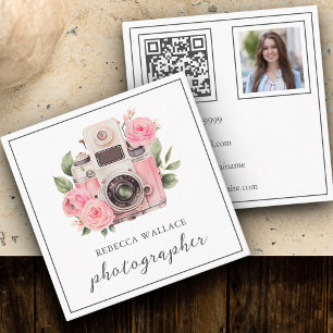 Rosa blommig kamera foto QR-kod fotograf Fyrkantigt Visitkort