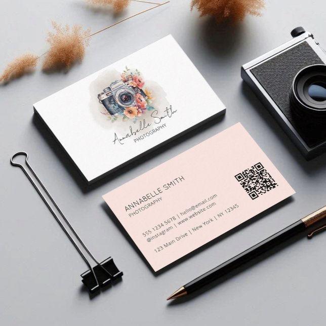 Rosa Blommig Kamera Fotografi Qr Kod Visitkort (Skapare uppladdad)