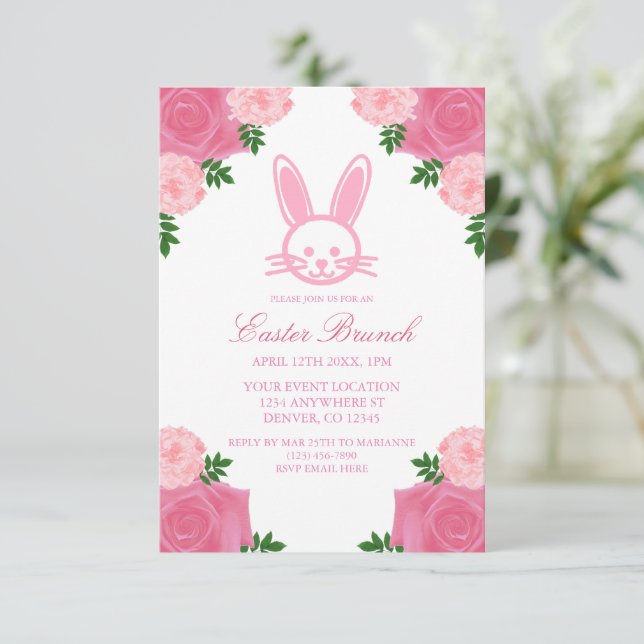 Rosa blommig kanin påskbrunch-inbjudan inbjudningar (Stående Fram)