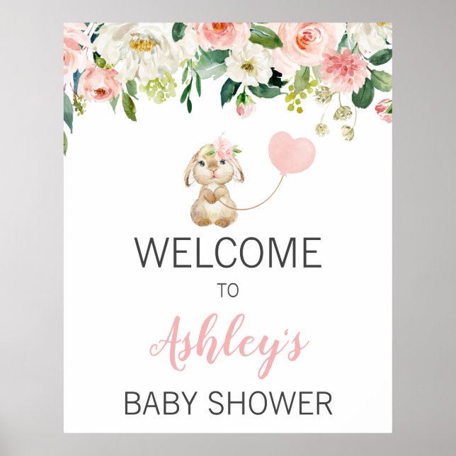 Rosa blommig kaninballong Baby Shower Välkomstskyl Poster (Framsidan)