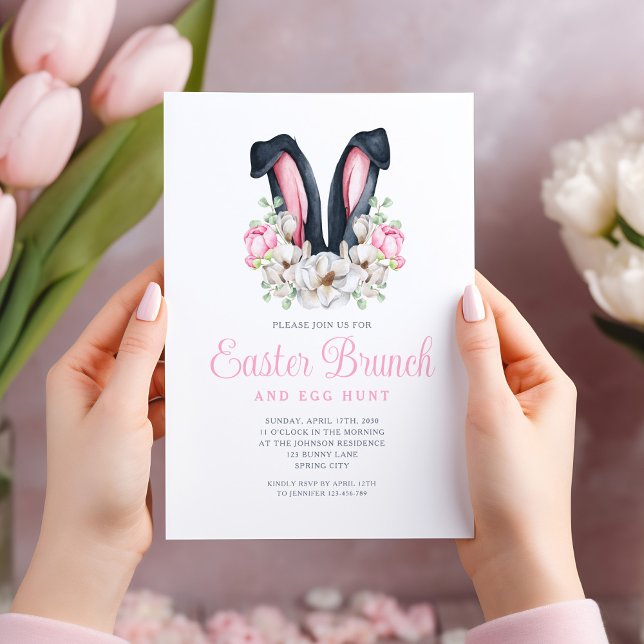 Rosa blommig kaninöron påskbrunch inbjudningar (Pink Floral Bunny Ears Easter Brunch Invitation)