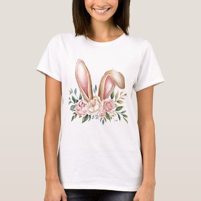 Rosa blommig kaninöron  t shirt (Framsida)