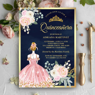 Rosa blommig klänning marinblå guld Quinceanera Inbjudningar