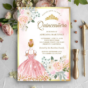 Rosa blommig klänning prinsessa guld Quinceanera Inbjudningar